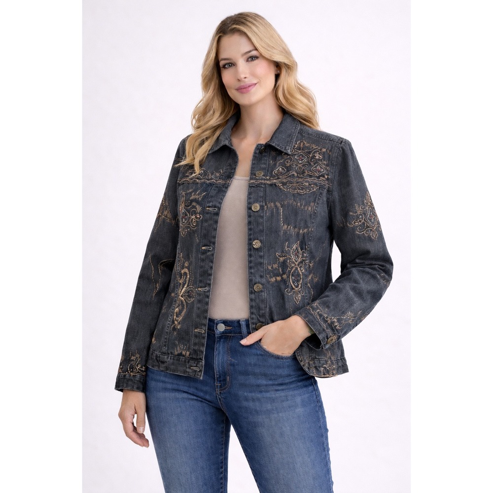 Chico's Gray Wash Denim Jacket Metallic Gold Embroidery Boho Western Size 1‎